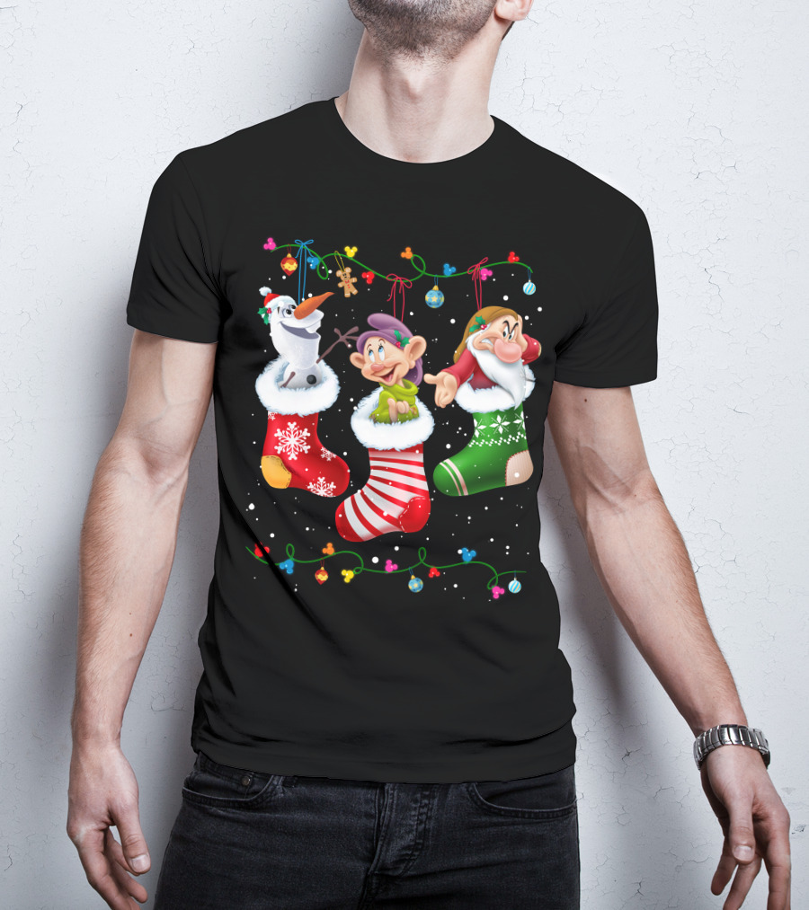 Olaf Dopey Grumpy Christmas Stockings Snowflake Garland T-Shirt