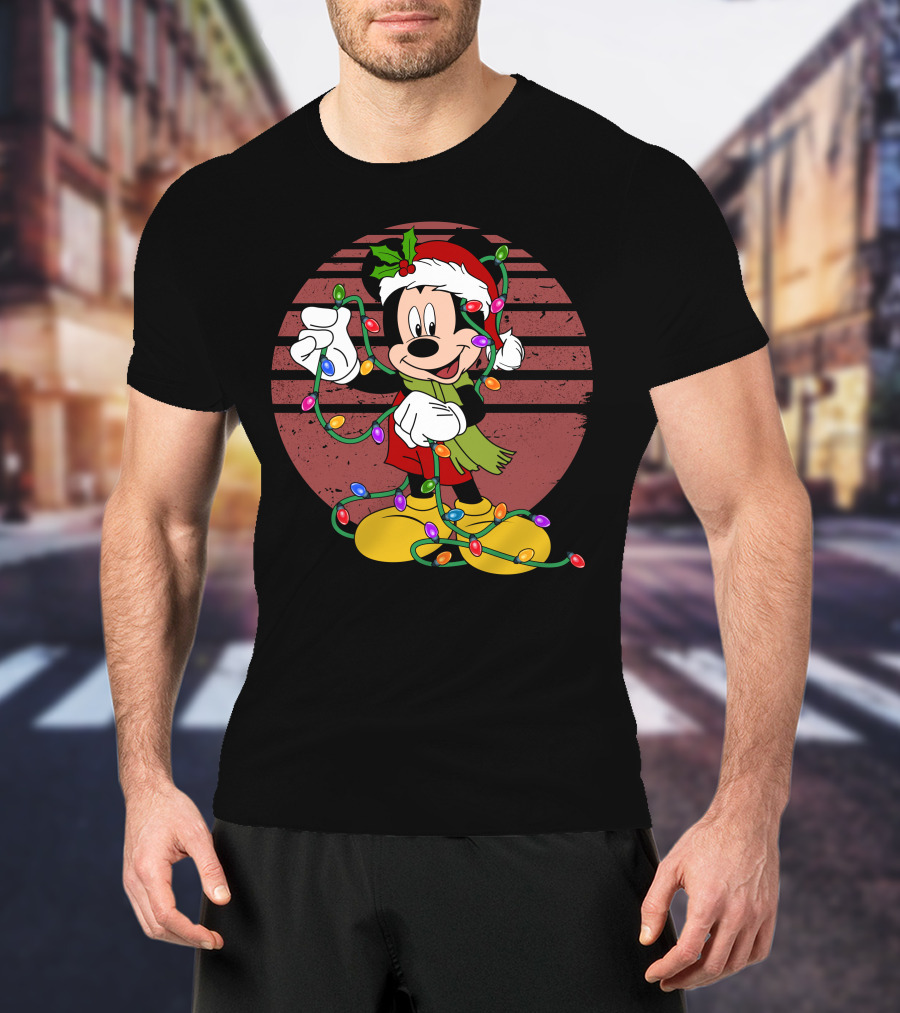 Mickey Mouse Christmas Lights Santa Hat Holiday T-Shirt