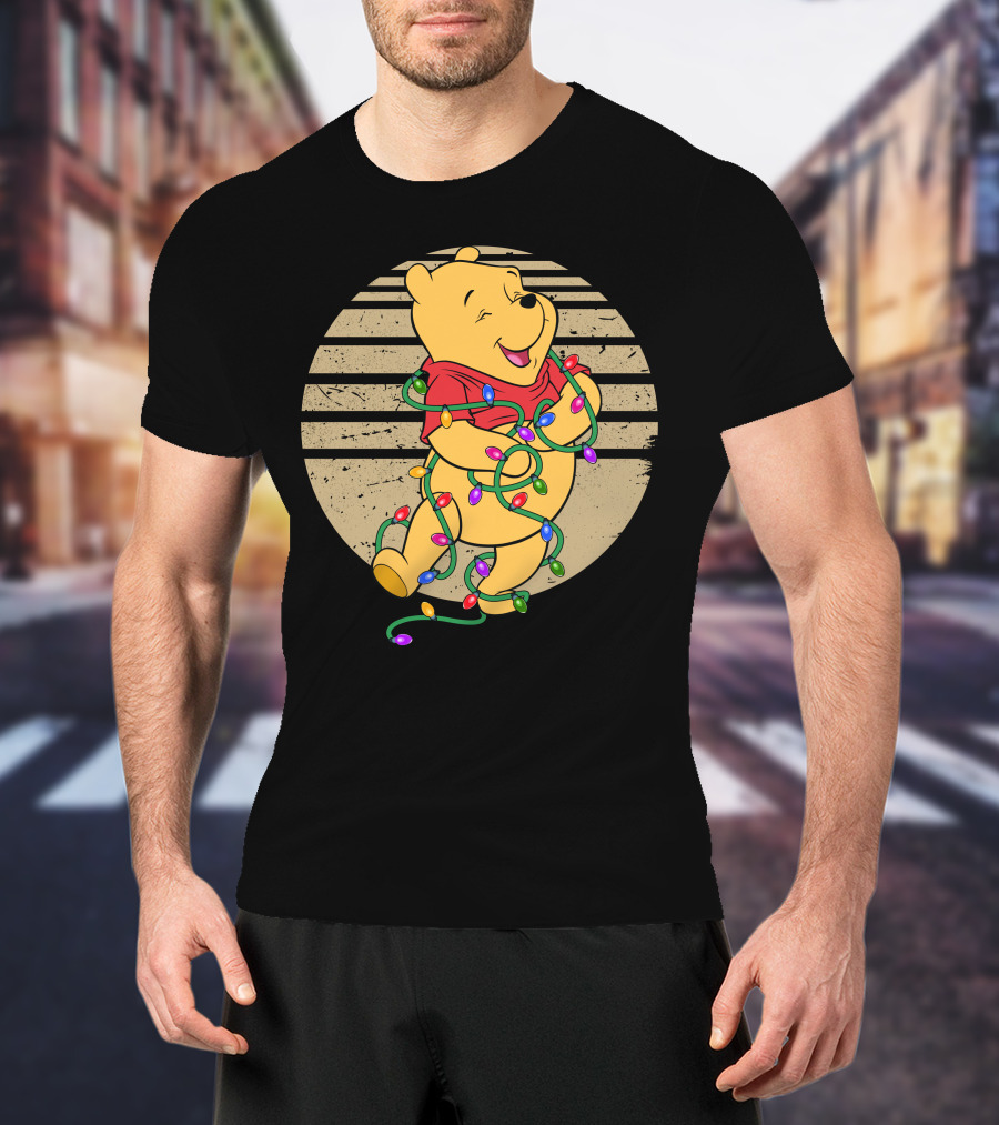 Pooh Wrapped In Christmas Lights And Stripes T-Shirt