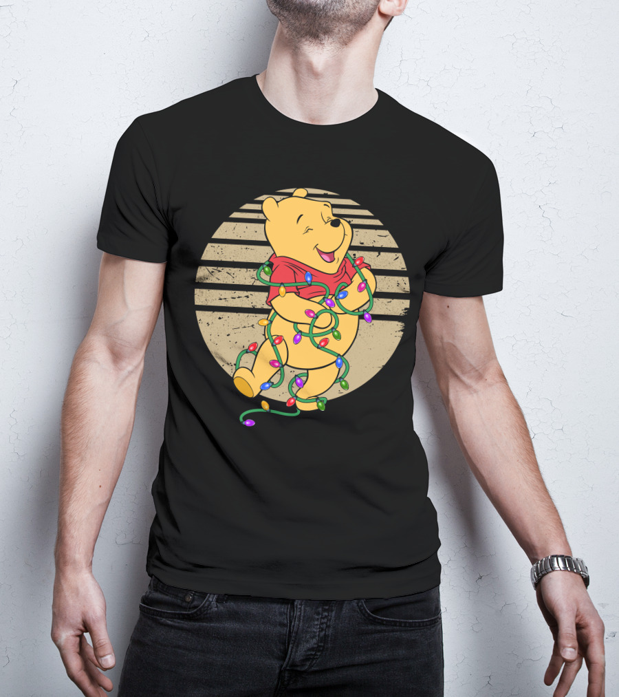Pooh Wrapped In Christmas Lights And Stripes T-Shirt
