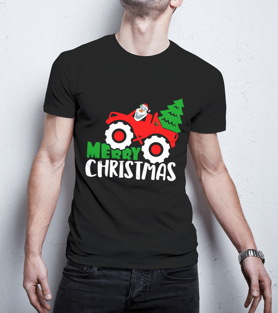 Merry Christmas Olaf Monster Truck With Santa Hat And Christmas Tree T-Shirt
