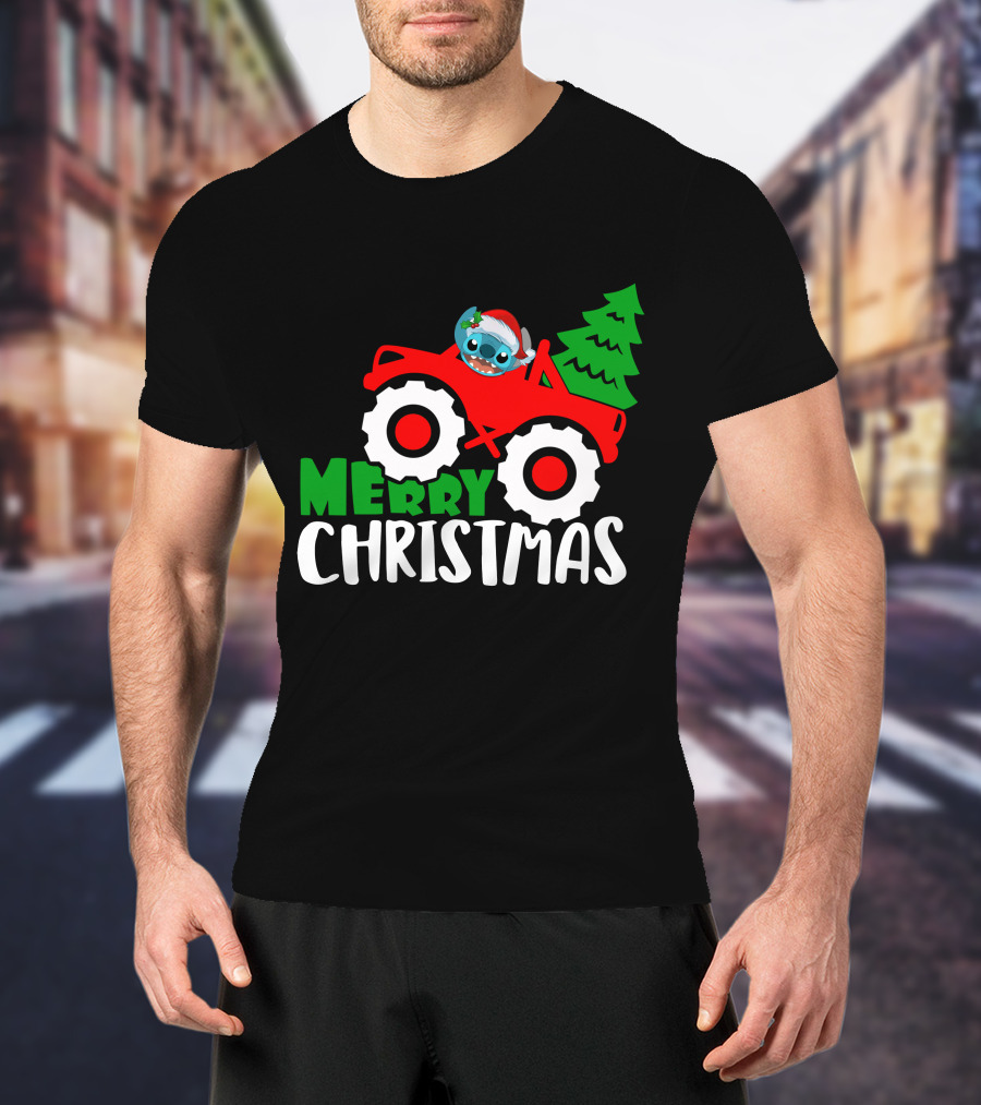 Merry Christmas Stitch Riding Red Truck With Tree T-Shirt