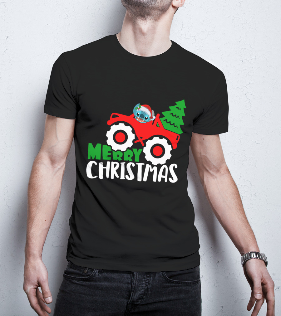 Merry Christmas Stitch Riding Red Truck With Tree T-Shirt