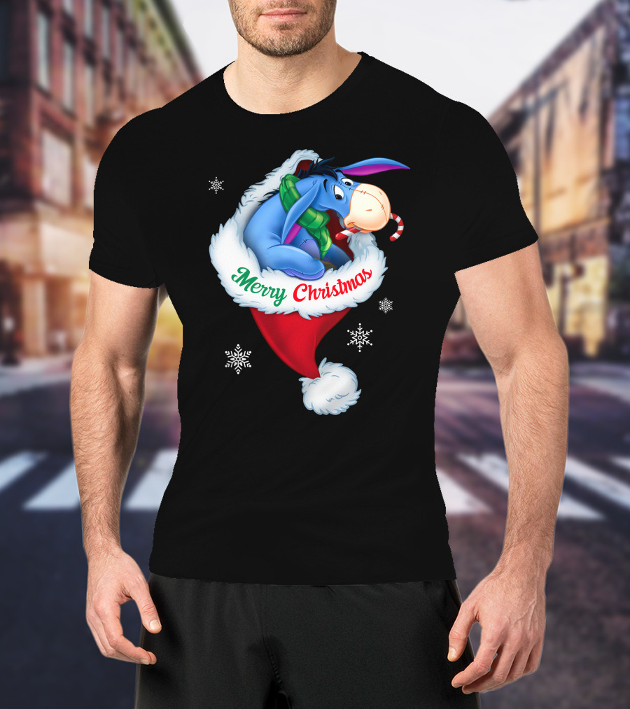 Eeyore Merry Christmas Santa Hat Snowflakes T-Shirt