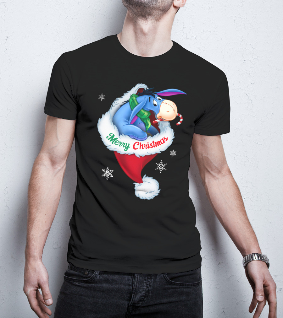 Eeyore Merry Christmas Santa Hat Snowflakes T-Shirt