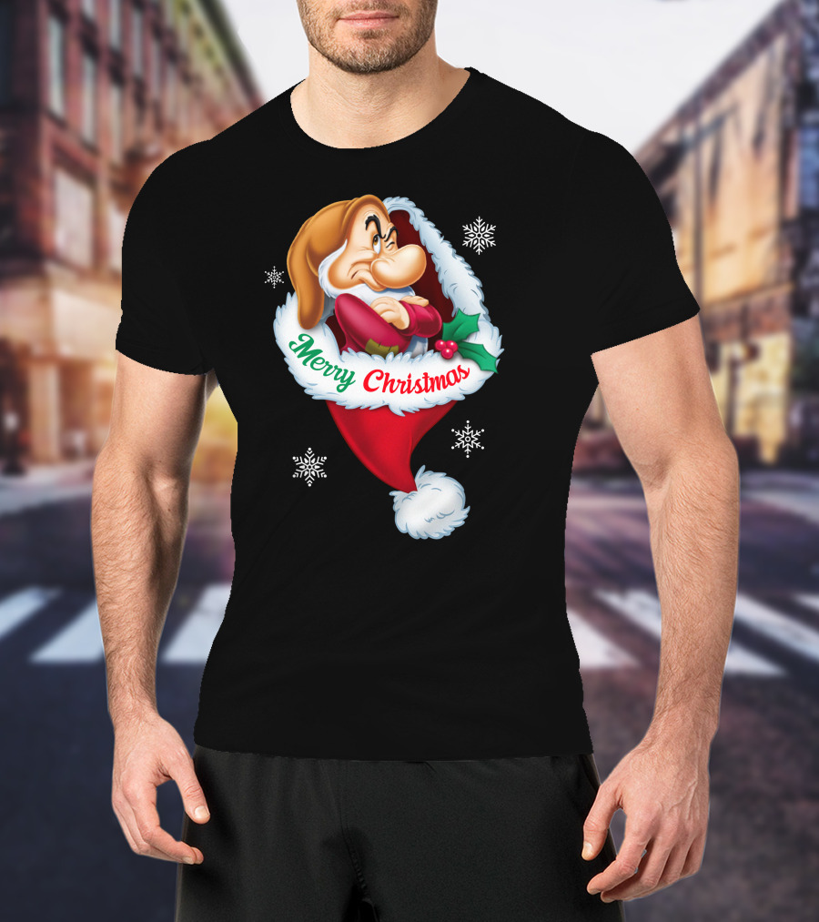 Grumpy Merry Christmas Santa Hat And Snowflakes T-Shirt