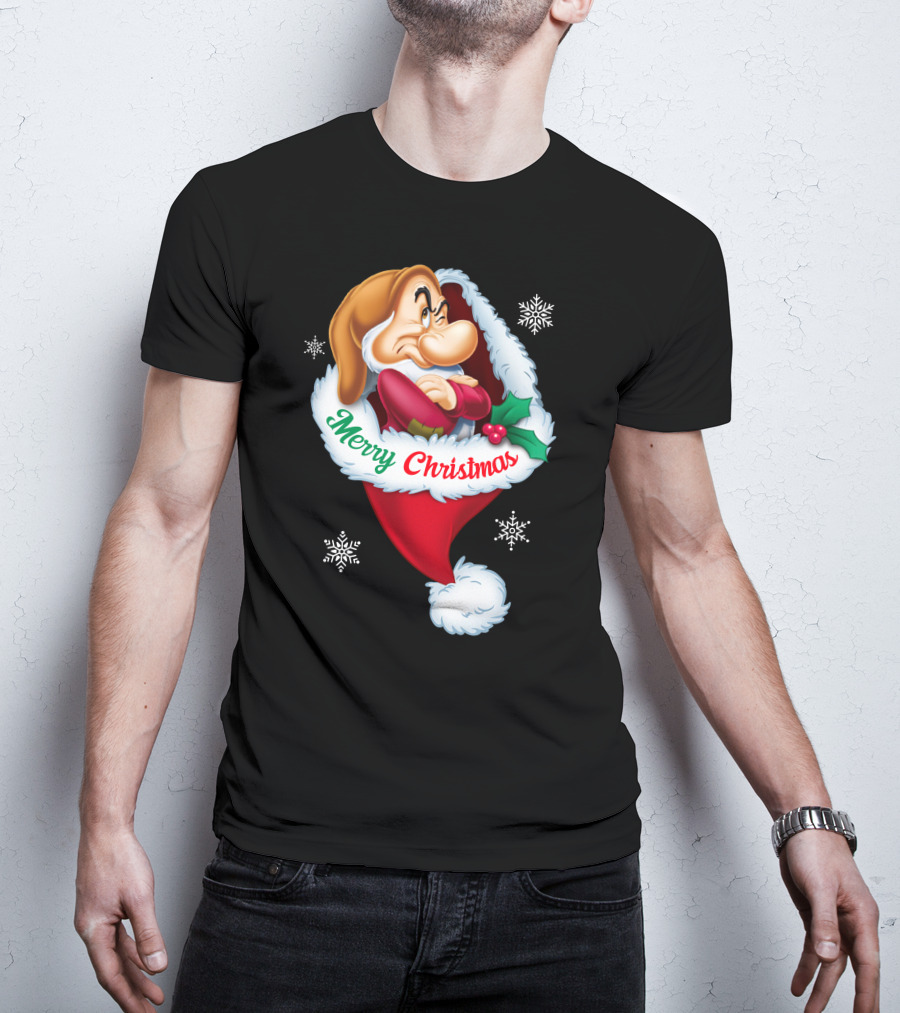 Grumpy Merry Christmas Santa Hat And Snowflakes T-Shirt