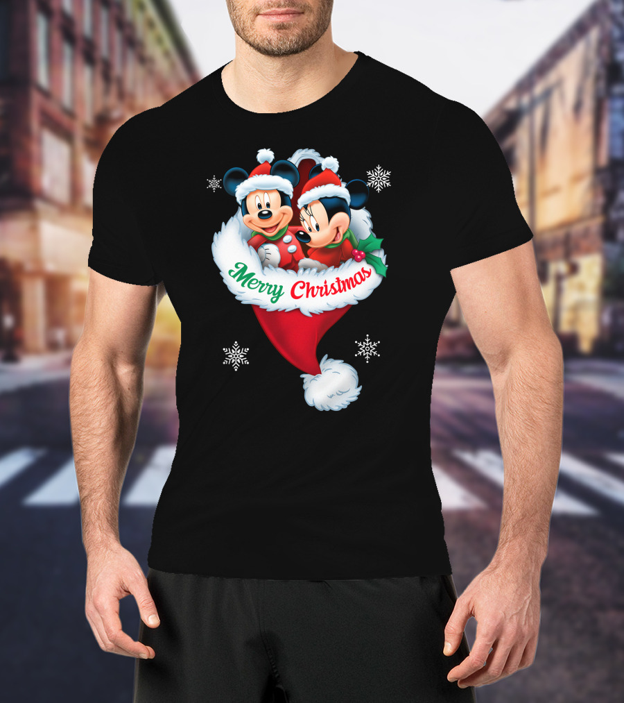 Merry Christmas Mickey Minnie Santa Hat Snowflakes T-Shirt