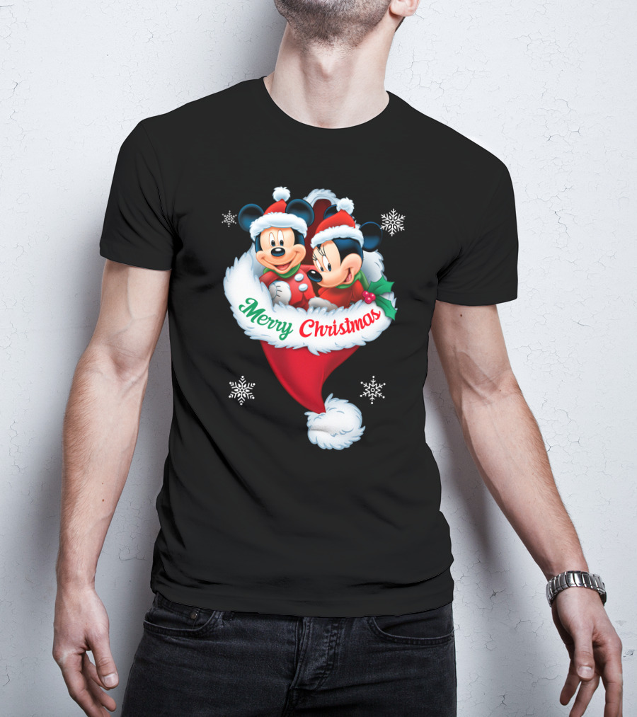 Merry Christmas Mickey Minnie Santa Hat Snowflakes T-Shirt
