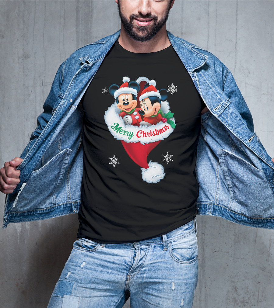 Merry Christmas Mickey Minnie Santa Hat Snowflakes T-Shirt
