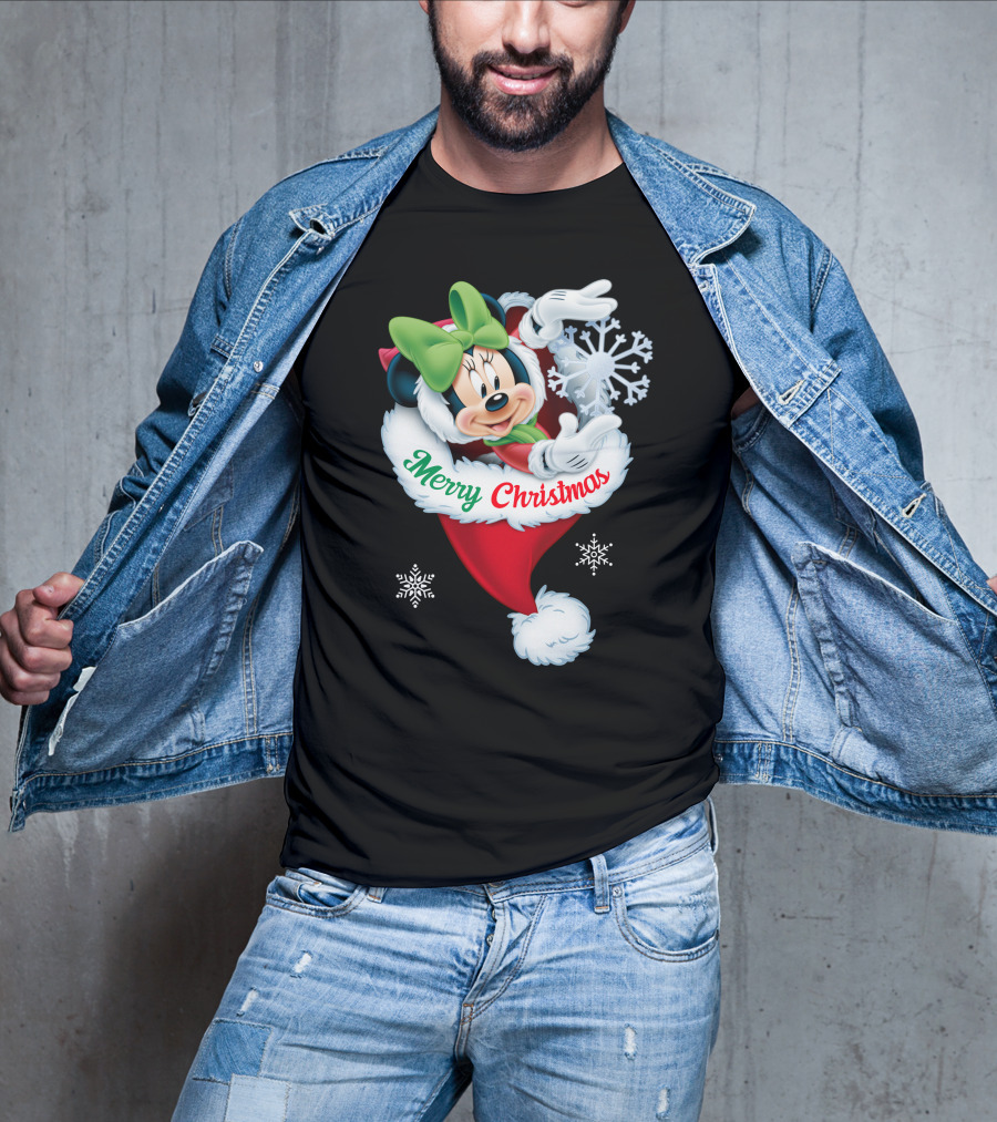 Minnie Mouse Merry Christmas Santa Hat Snowflakes T-Shirt