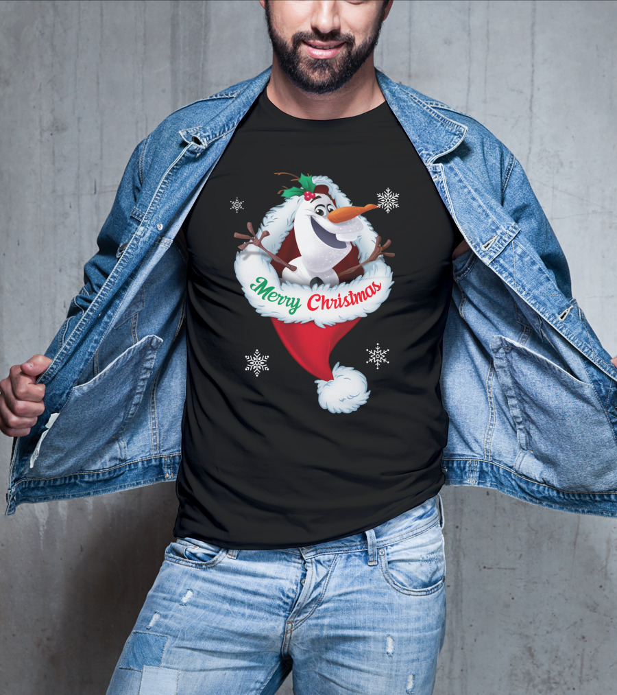Olaf Merry Christmas Santa Hat With Snowflakes T-Shirt