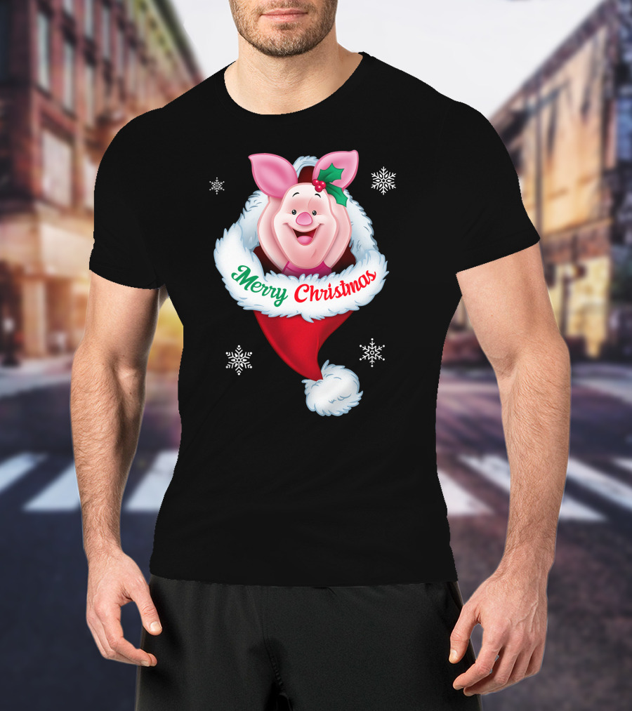 Piglet Merry Christmas Holiday Santa Hat Snowflakes T-Shirt