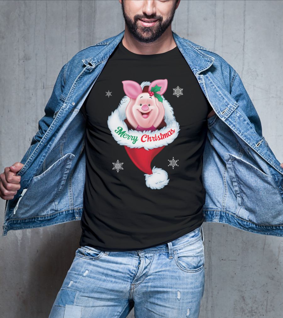 Piglet Merry Christmas Holiday Santa Hat Snowflakes T-Shirt