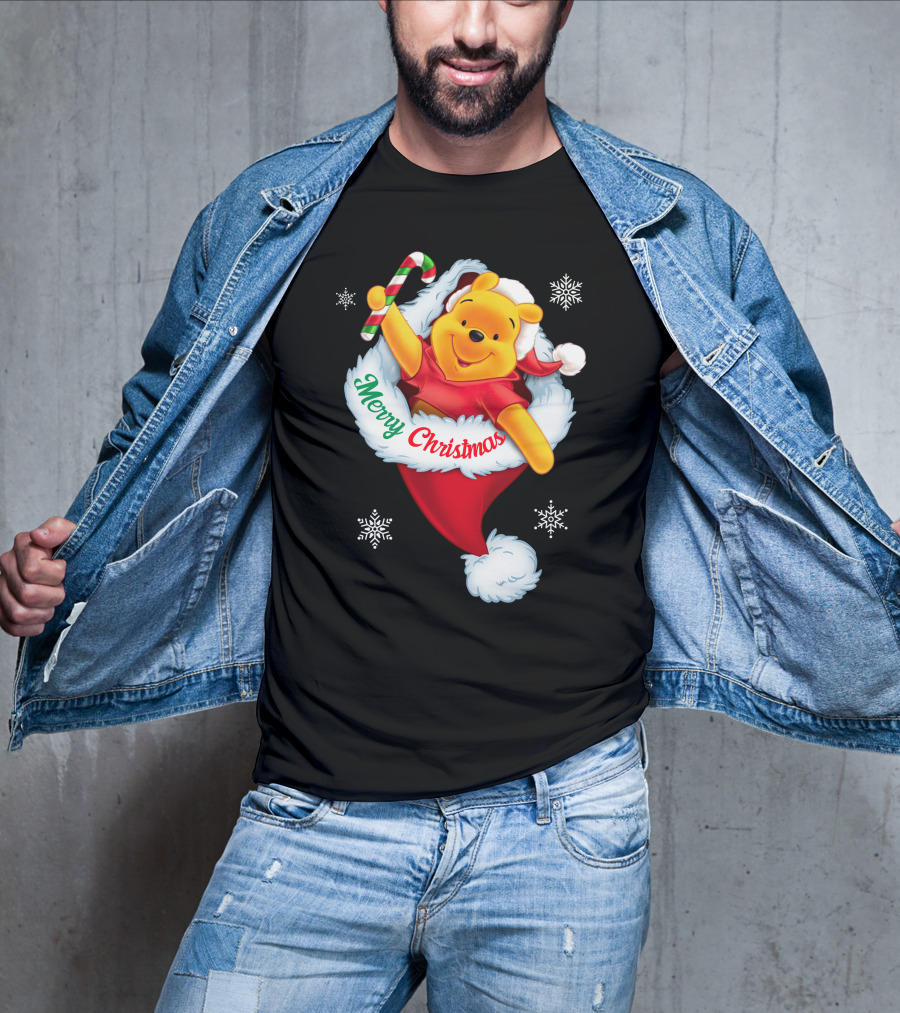 Winnie The Pooh Merry Christmas Santa Hat Candy Cane T-Shirt