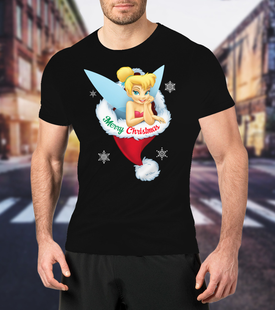 Tinkerbell Merry Christmas Santa Hat Snowflakes T-Shirt