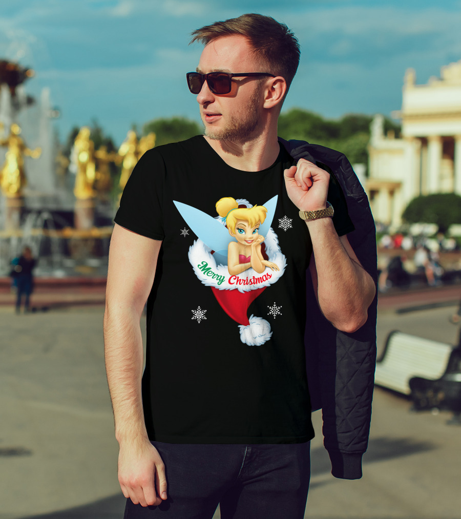 Tinkerbell Merry Christmas Santa Hat Snowflakes T-Shirt