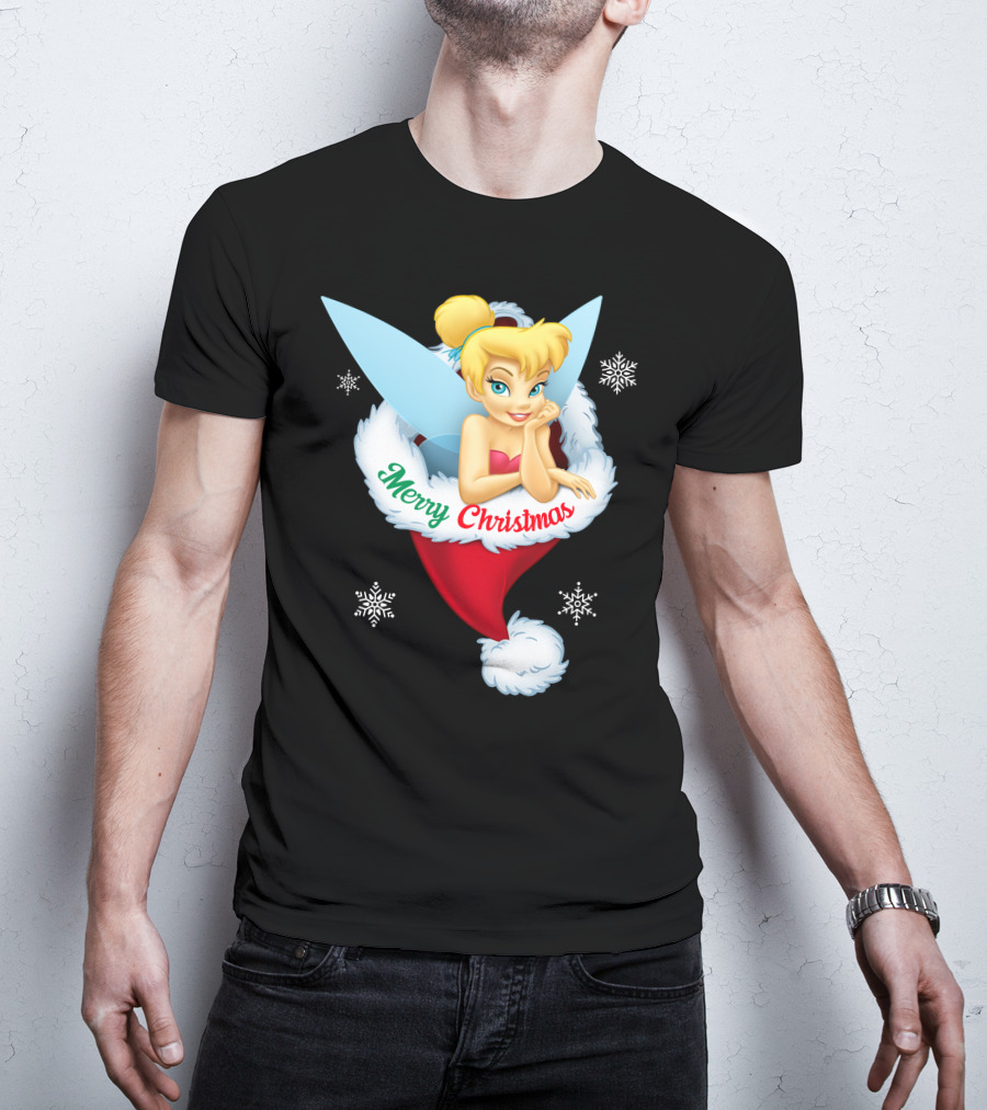 Tinkerbell Merry Christmas Santa Hat Snowflakes T-Shirt