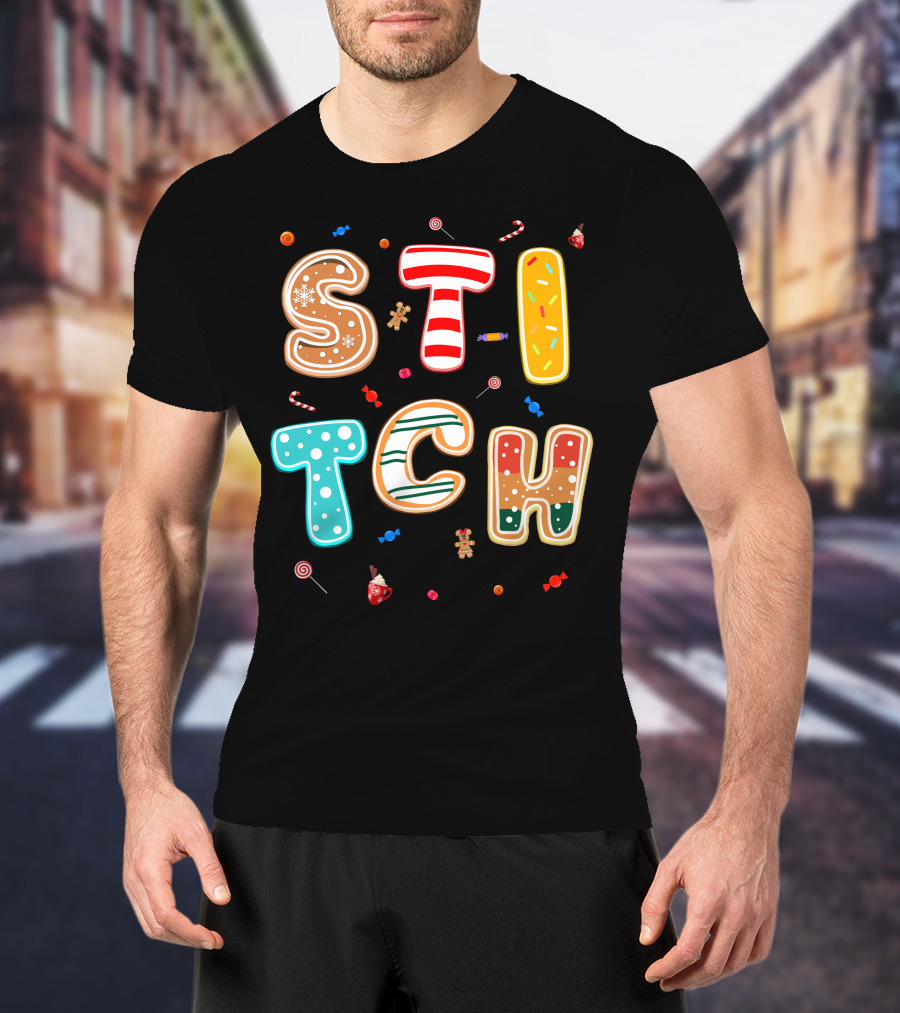 Stitch Gingerbread Candy Cane Christmas Letters T-Shirt