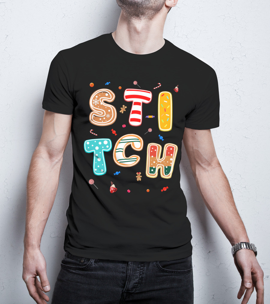 Stitch Gingerbread Candy Cane Christmas Letters T-Shirt