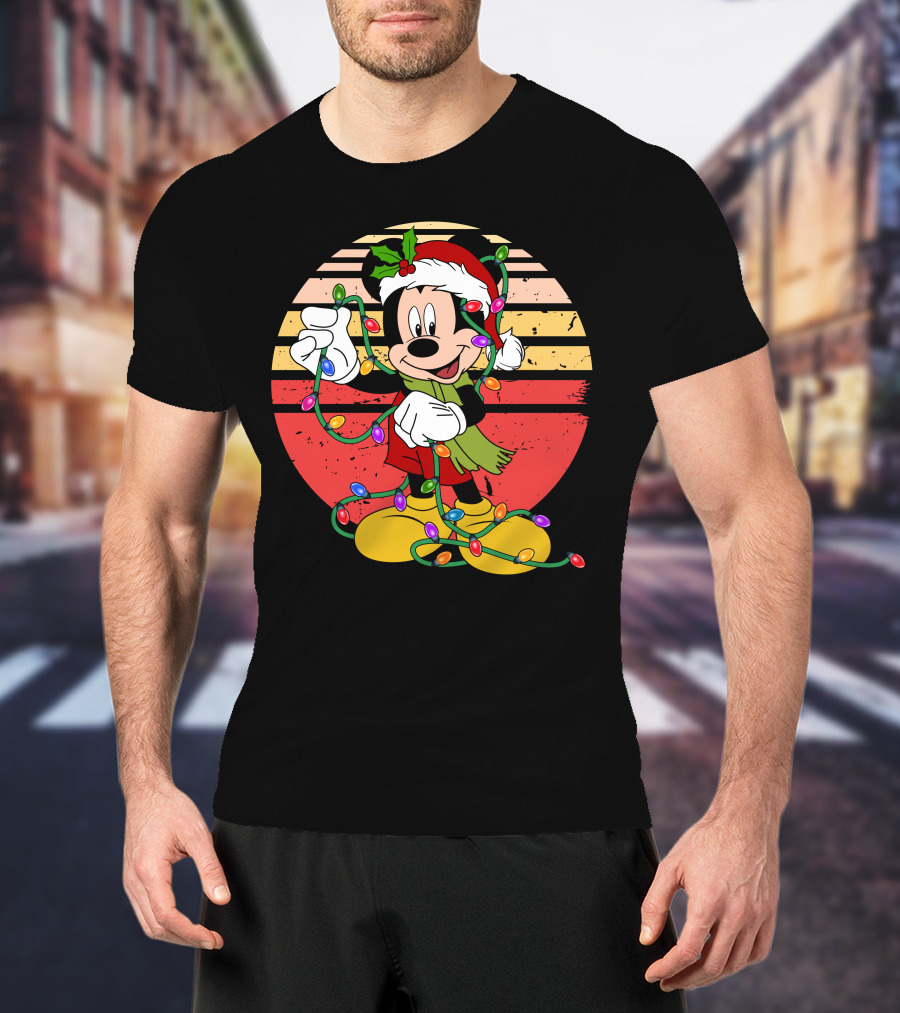 Mickey Christmas Lights Santa Hat Retro Holiday T-Shirt