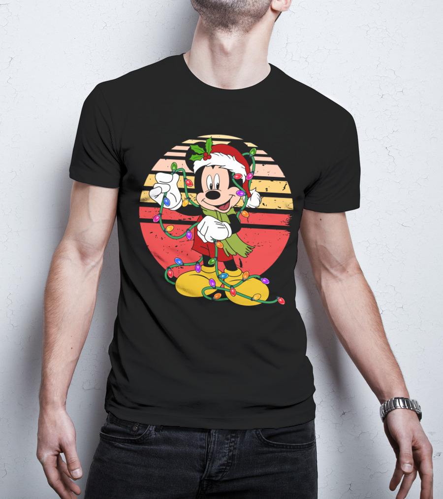 Mickey Christmas Lights Santa Hat Retro Holiday T-Shirt