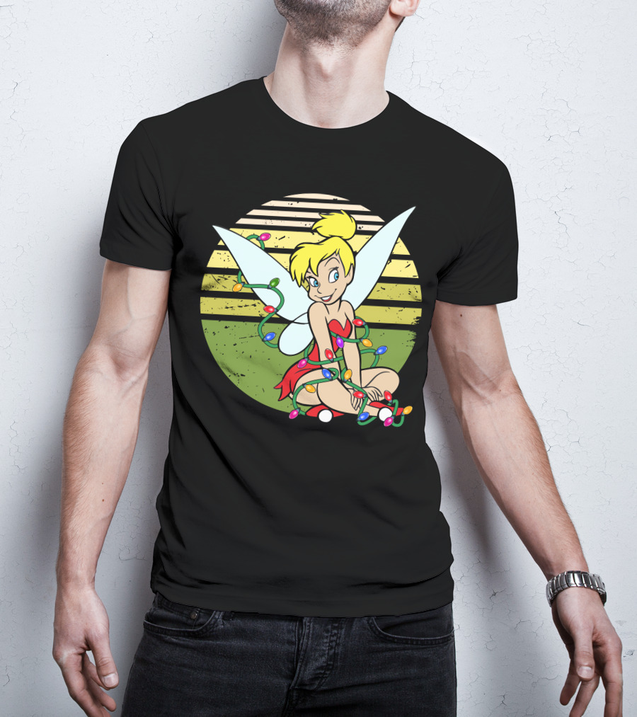 Tinkerbell Wrapped In Christmas Lights Sitting With Retro T-Shirt