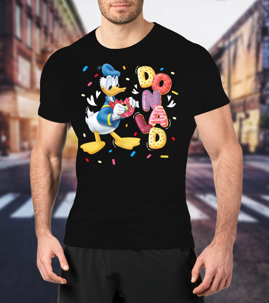 Donald Duck With Colorful Donut Letters And Sprinkles T-Shirt