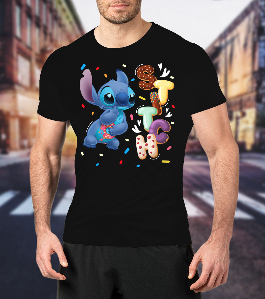 Stitch Donut Letter Sprinkles And Cute Blue Alien Character T-Shirt