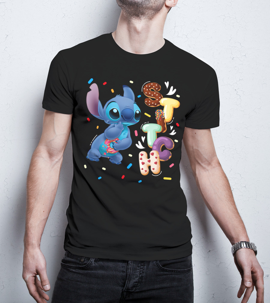 Stitch Donut Letter Sprinkles And Cute Blue Alien Character T-Shirt
