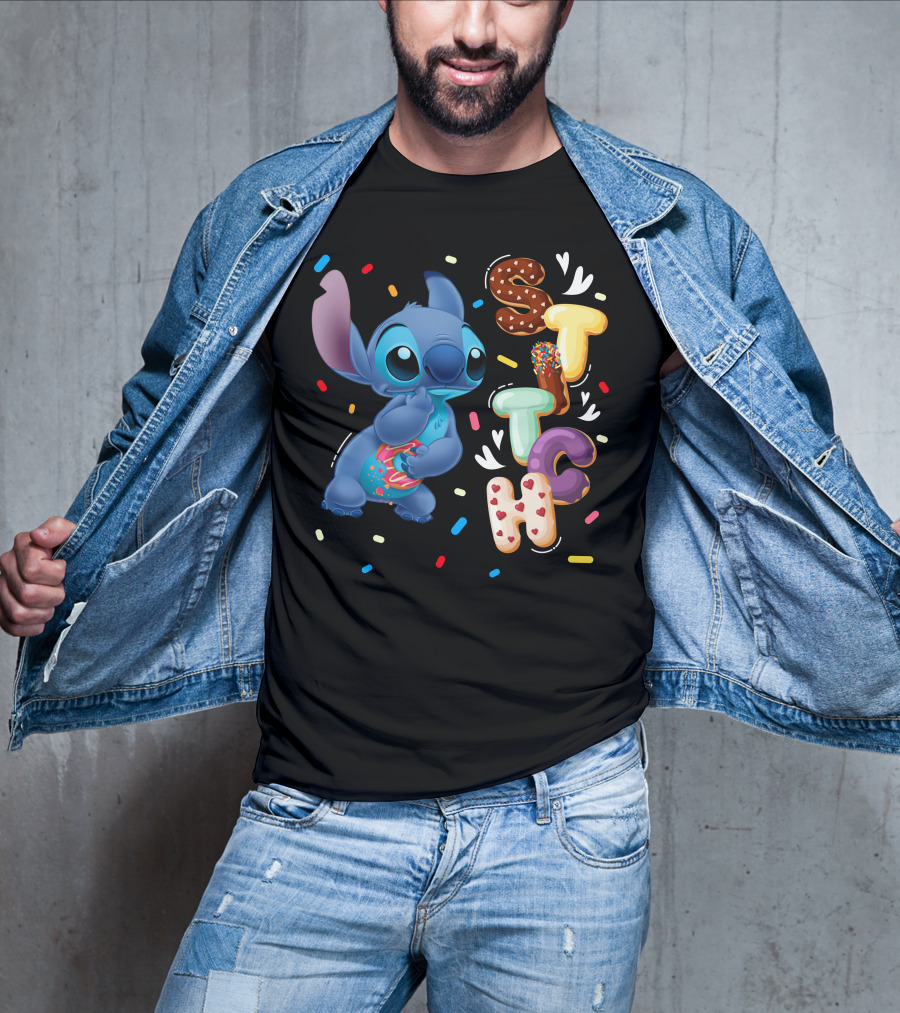 Stitch Donut Letter Sprinkles And Cute Blue Alien Character T-Shirt