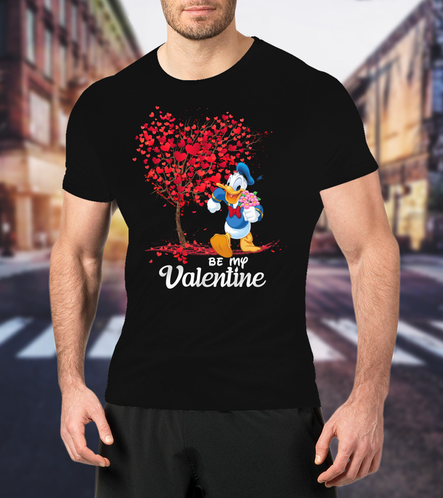 Be My Valentine Donald Duck Holding Flowers And Heart Tree T-Shirt