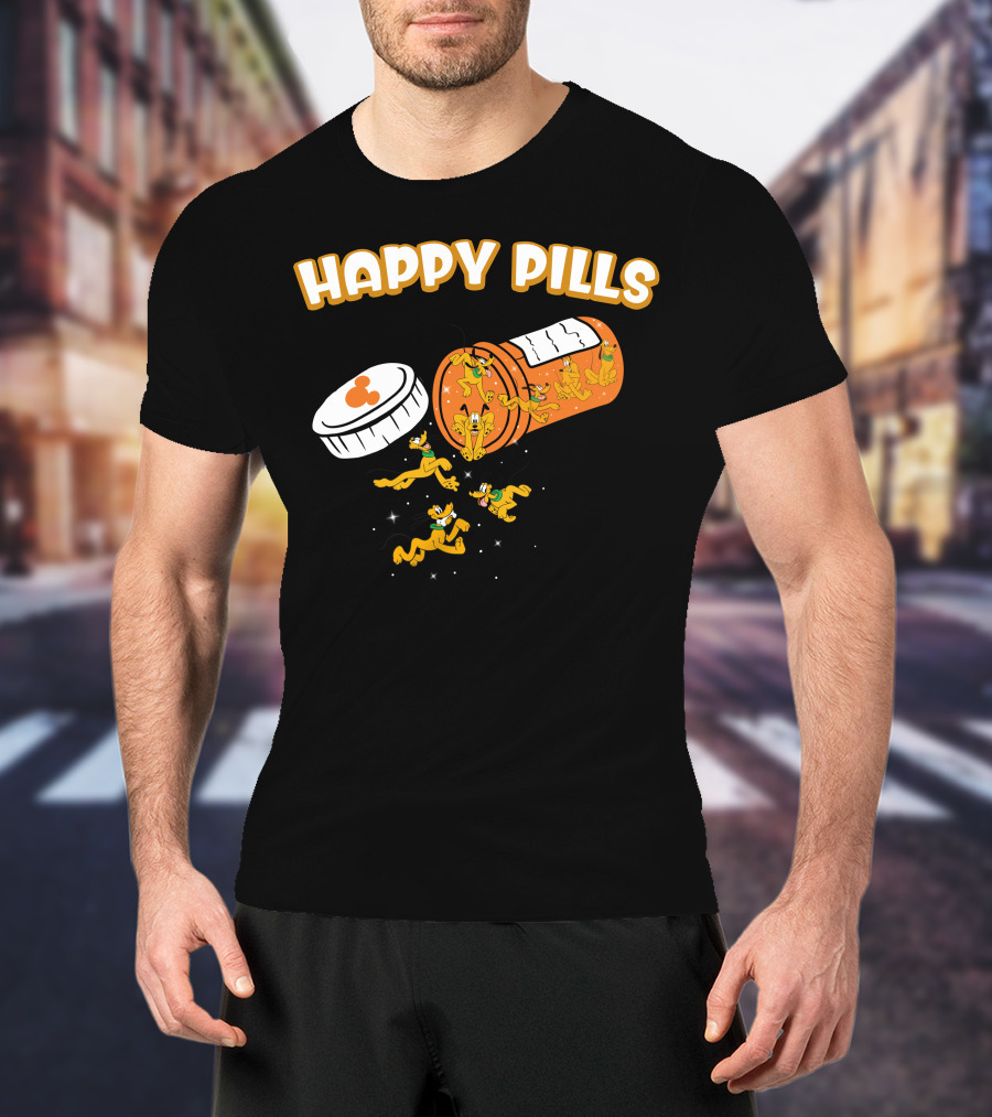 HAPPY PILLS Pluto Characters In Orange Pill Bottle T-Shirt