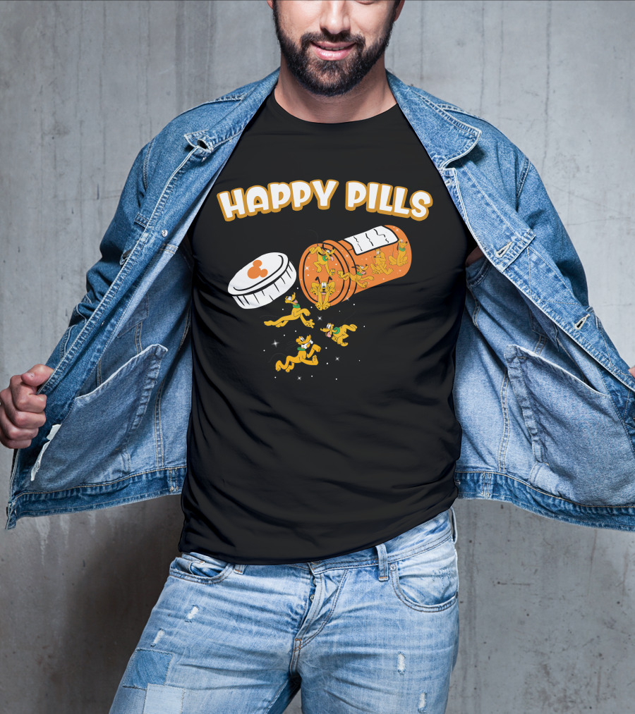 HAPPY PILLS Pluto Characters In Orange Pill Bottle T-Shirt