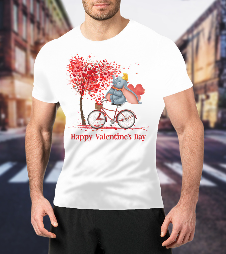 Happy Valentine's Day Dumbo With Hearts Bicycle T-Shirt