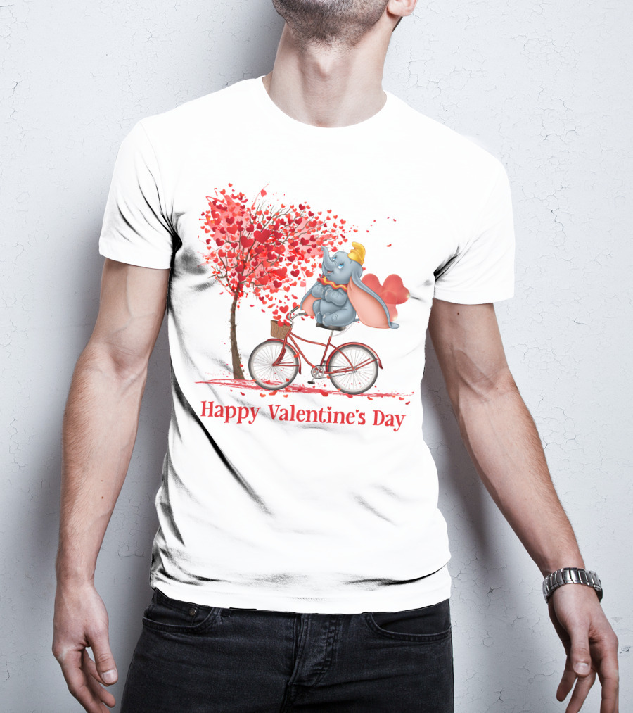 Happy Valentine's Day Dumbo With Hearts Bicycle T-Shirt