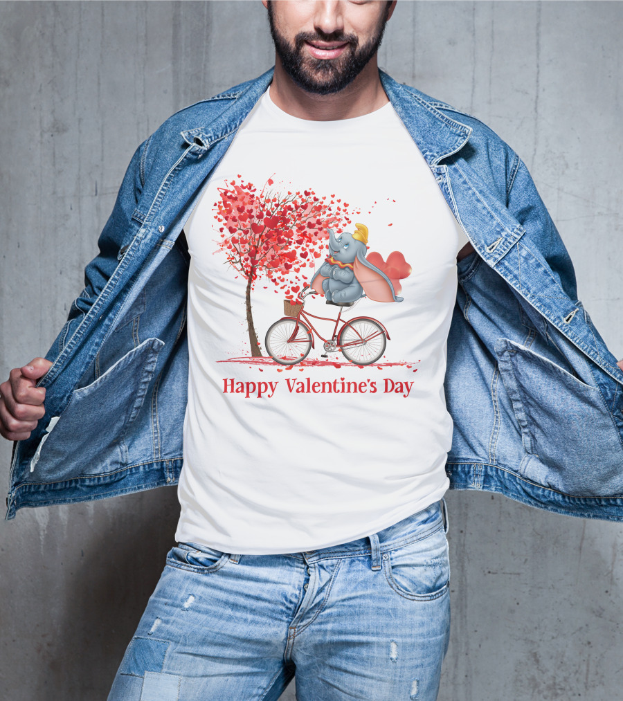 Happy Valentine's Day Dumbo With Hearts Bicycle T-Shirt