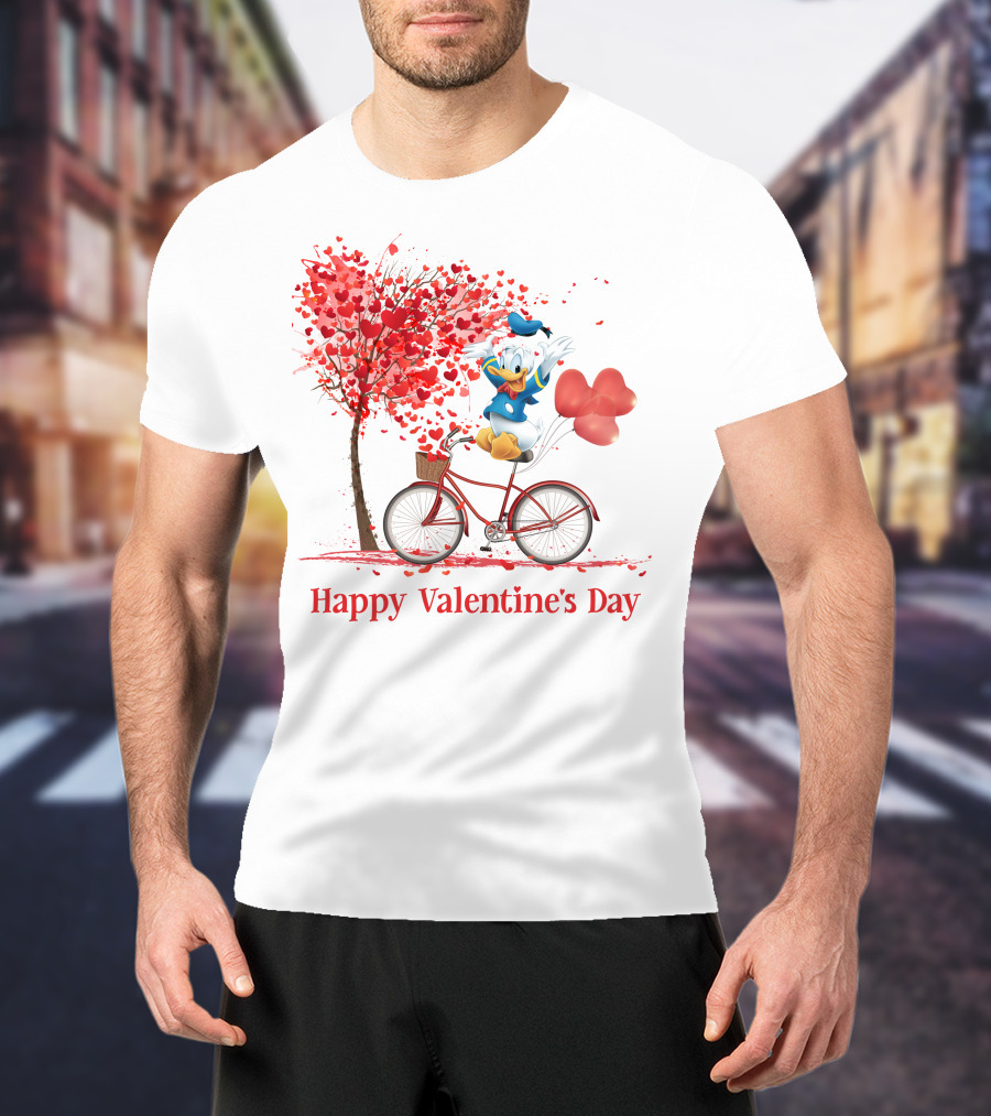 DN Valentine Happy Valentine's Day Donald Duck Bicycle Balloon Tree T-Shirt