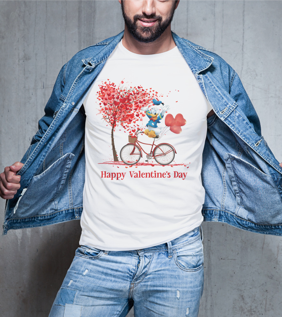 DN Valentine Happy Valentine's Day Donald Duck Bicycle Balloon Tree T-Shirt
