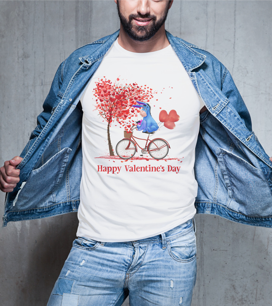 Happy Valentine's Day Eeyore On Bicycle With Heart Balloons And Tree Of Hearts T-Shirt