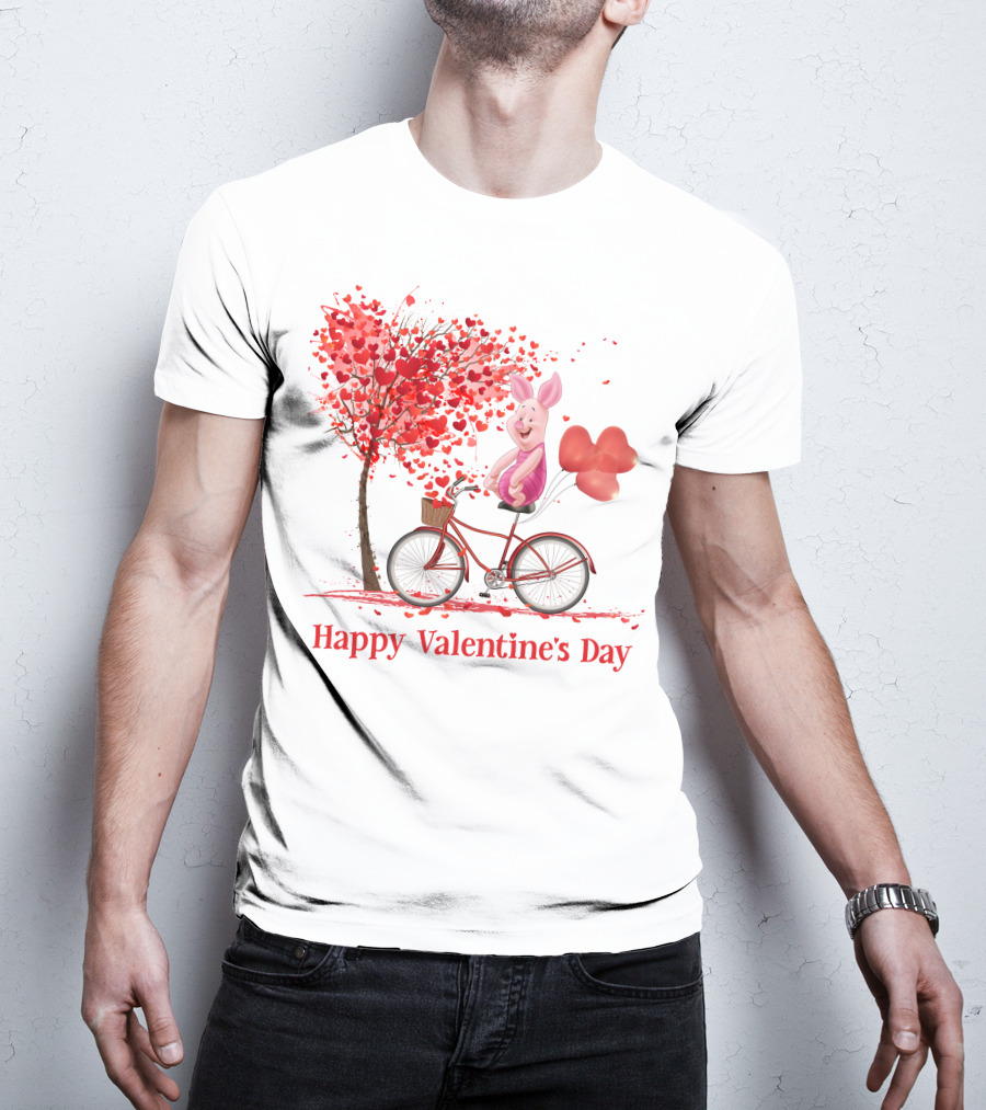 Happy Valentine's Day Piglet With Heart Balloons On Bicycle T-Shirt