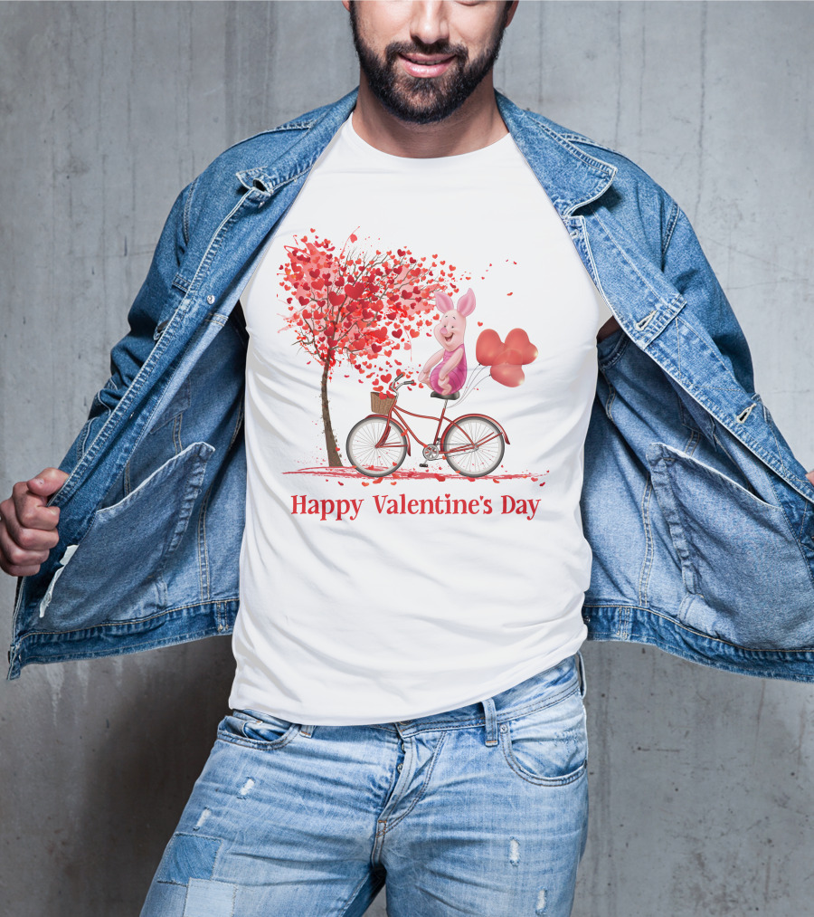 Happy Valentine's Day Piglet With Heart Balloons On Bicycle T-Shirt