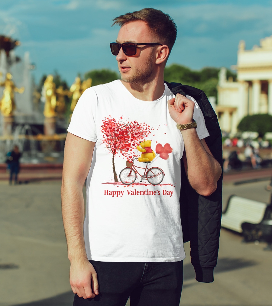 Happy Valentine's Day Bicycle Bear With Love Balloons And Heart Tree T-Shirt