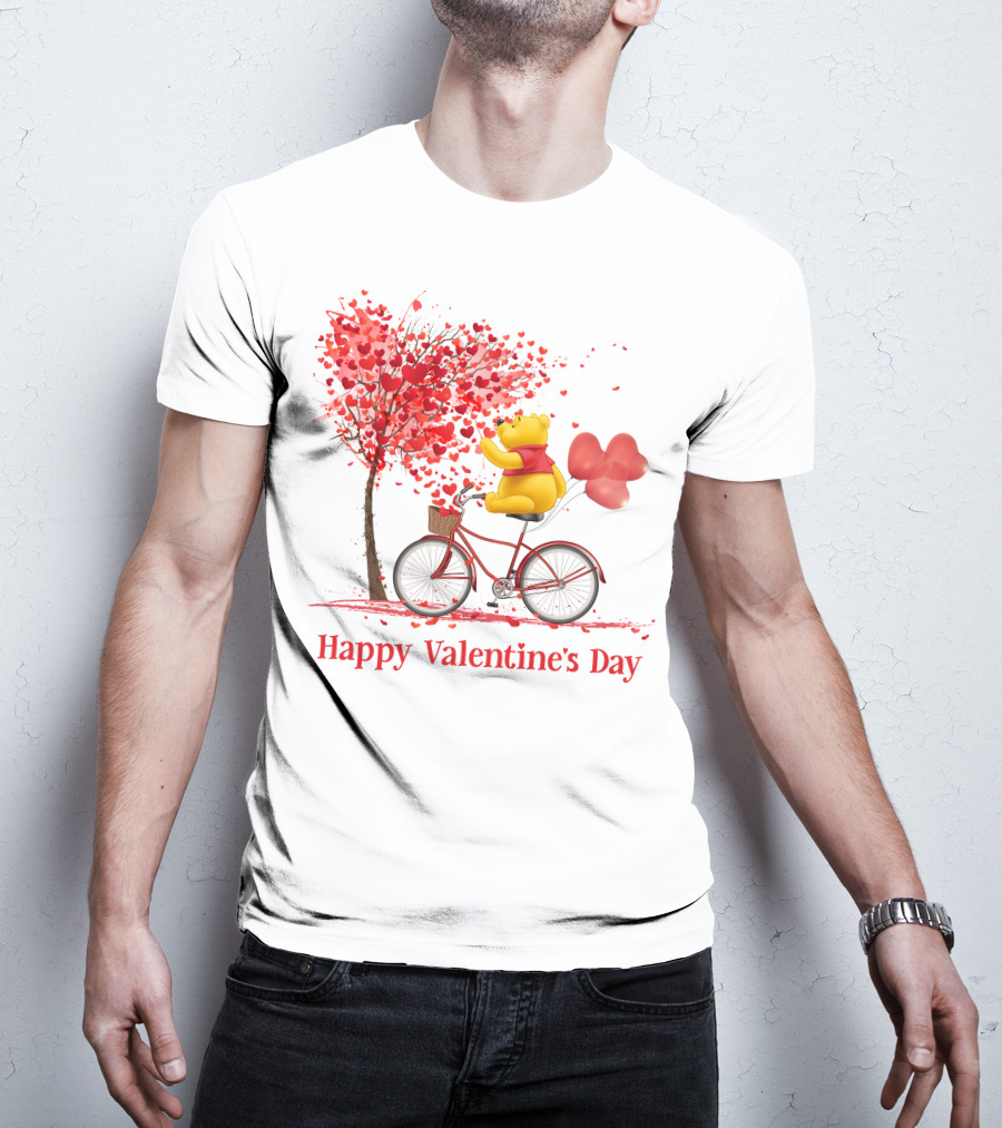 Happy Valentine's Day Bicycle Bear With Love Balloons And Heart Tree T-Shirt