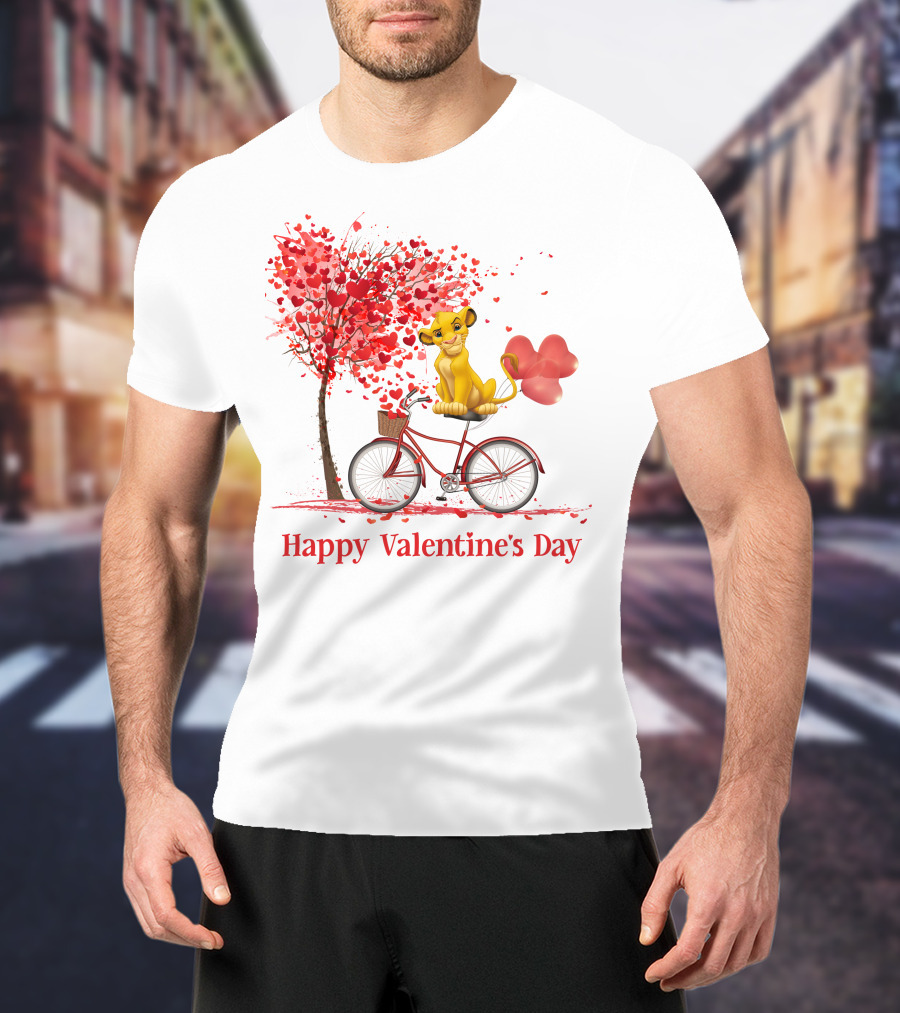 Happy Valentine's Day Cute Cartoon Character On Red Bicycle With Heart Balloons And Tree T-Shirt