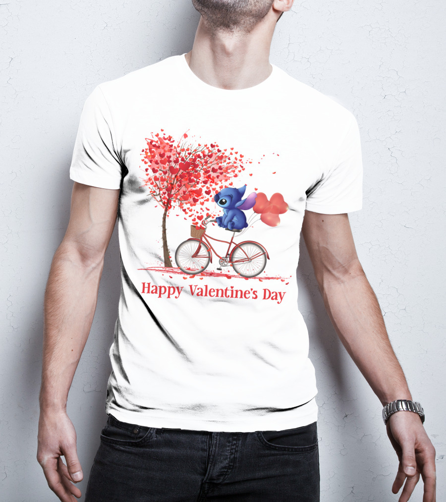 Happy Valentine's Day Stitch Bicycle Heart Balloons T-Shirt