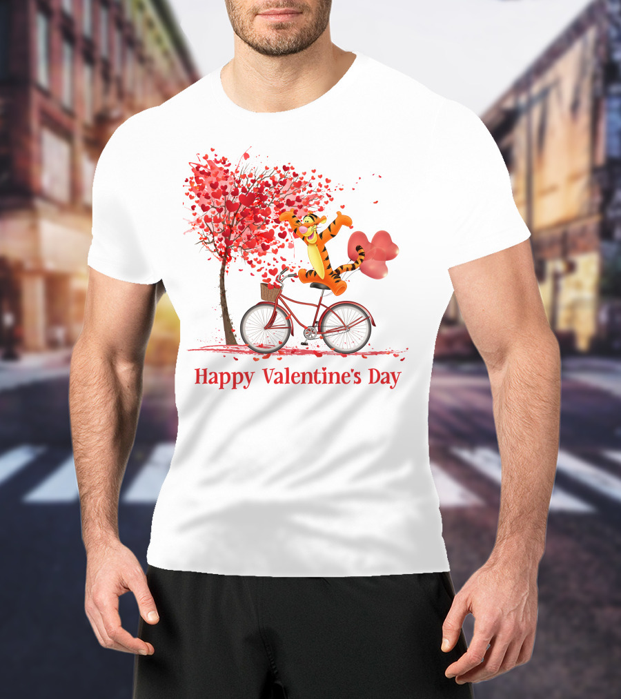 Happy Valentine's Day Tigger Riding Bicycle With Heart Balloon And Heart Tree T-Shirt
