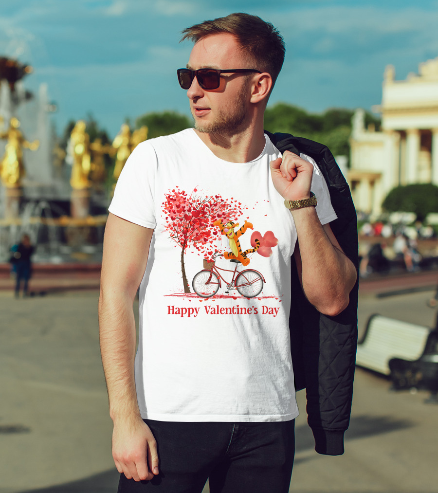 Happy Valentine's Day Tigger Riding Bicycle With Heart Balloon And Heart Tree T-Shirt