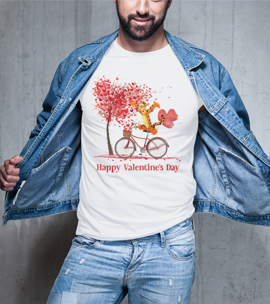 Happy Valentine's Day Tigger Riding Bicycle With Heart Balloon And Heart Tree T-Shirt