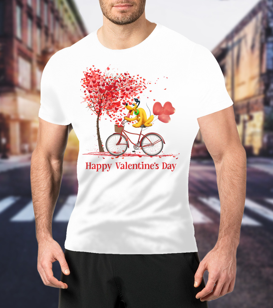 Disney Pluto Happy Valentine's Day Bicycle And Heart Tree T-Shirt